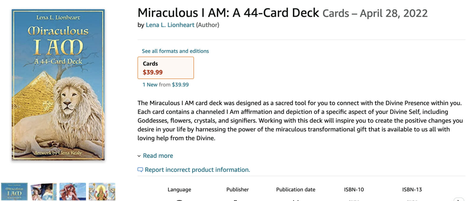 Miraculous I AM Oracle Cards by Lena L. Lionheart (Amazon listing).